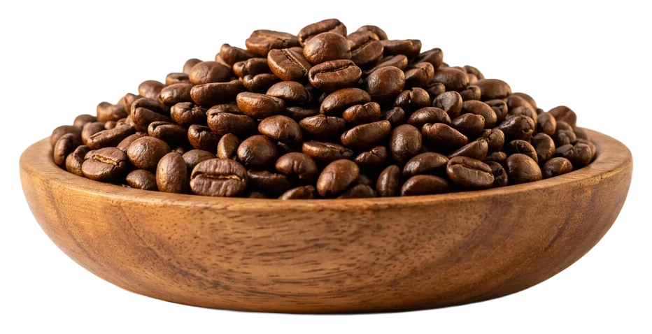 A wooden bowl piled with glossy medium-roast coffee beans