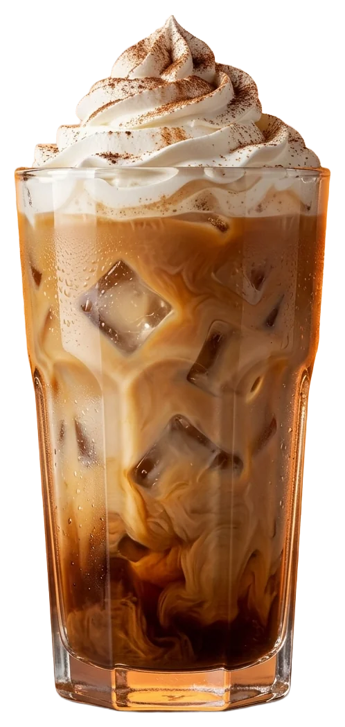 Iced caramel latte with whipped cream and cinnamon in a tall glass