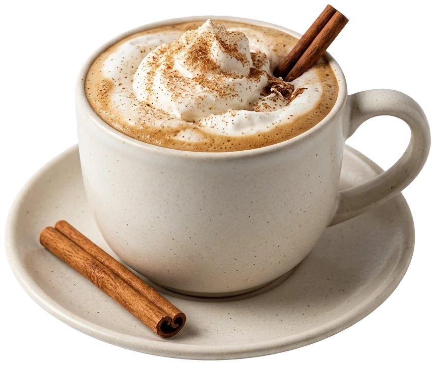 Cinnamon dolce latte with whipped cream and a cinnamon stick in a warm-white cup and saucer