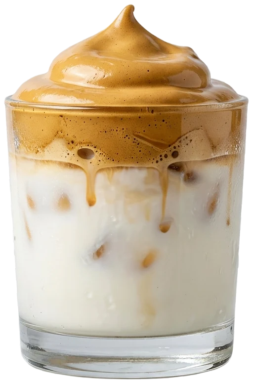 Dalgona coffee in a glass, whipped coffee piled over iced milk