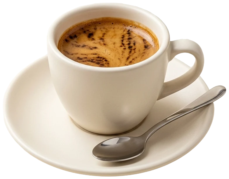 Espresso with golden crema in a warm-white cup and saucer