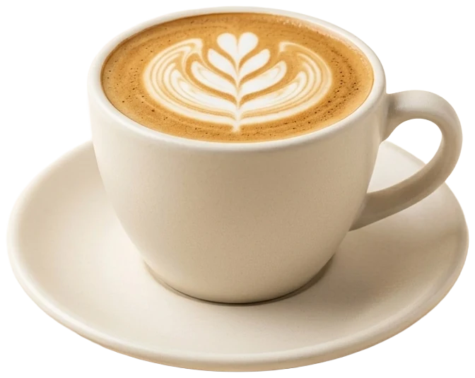 Flat white with rosetta latte art in a warm-white cup and saucer