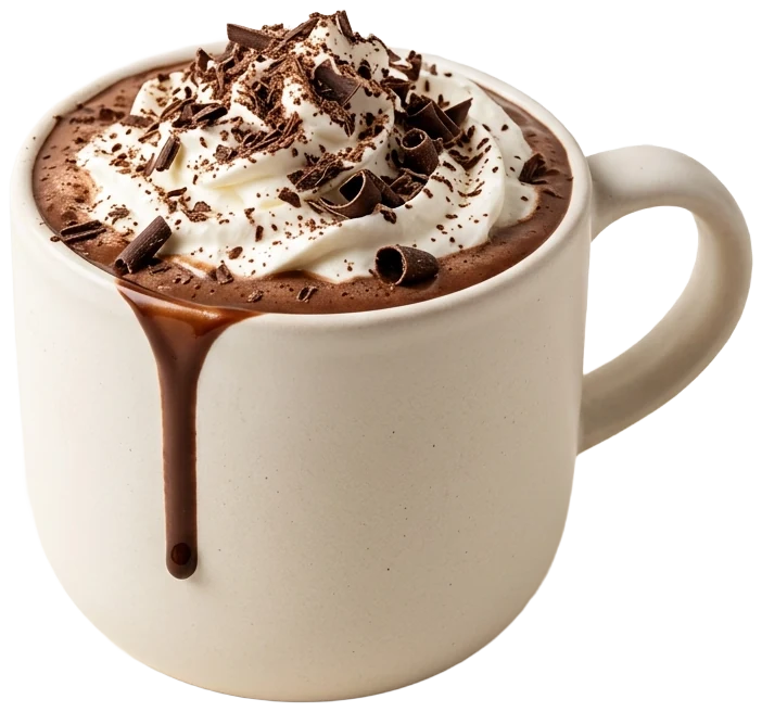 Hot chocolate in a warm-white mug with whipped cream, chocolate shavings and a chocolate drip down the side