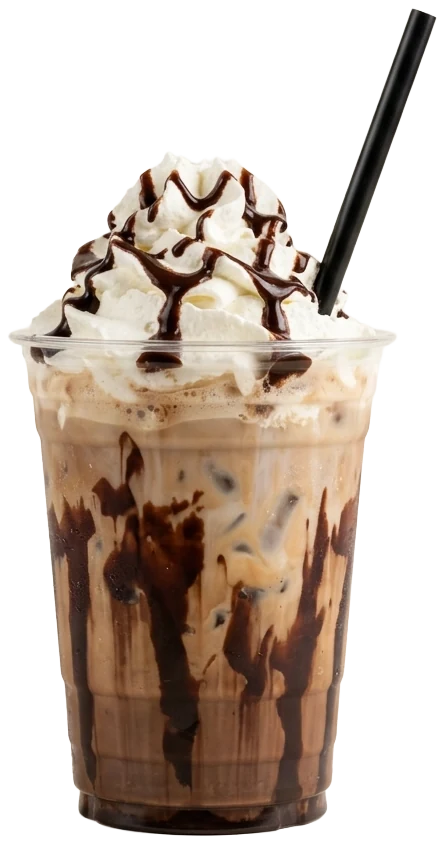 Iced mocha in a clear cup with whipped cream and chocolate drizzle