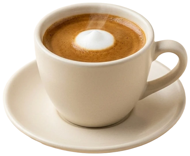 Macchiato with a dot of milk foam in a small warm-white cup and saucer