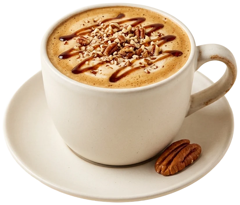 Maple pecan latte with maple drizzle and chopped pecans in a warm-white cup and saucer