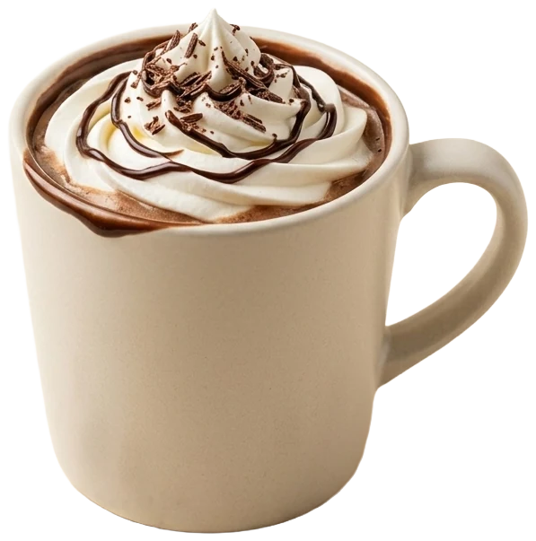Mocha in a warm-white mug, topped with whipped cream and chocolate drizzle