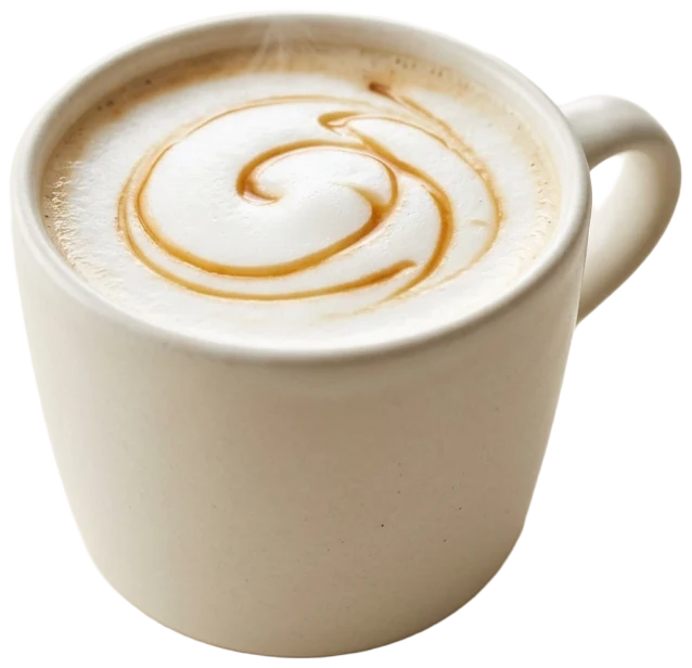 Vanilla steamer in a warm-white mug with a caramel-coloured swirl in the foam