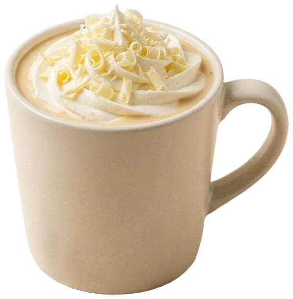 White mocha in a warm-white mug, topped with whipped cream and white chocolate curls